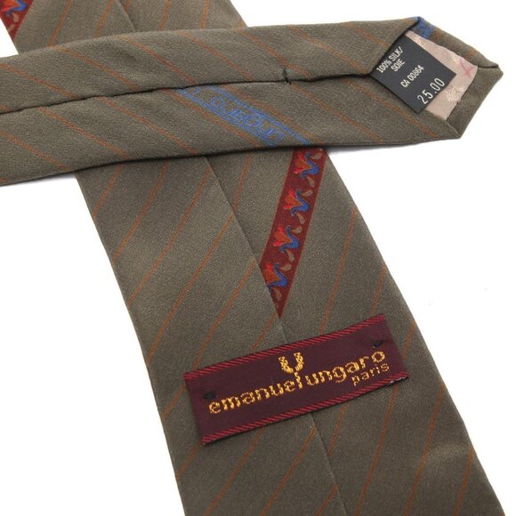 Vintage Emanuel Ungaro Paris Tie 100% Silk Olive Green Striped Designer Necktie - Picture 4 of 6